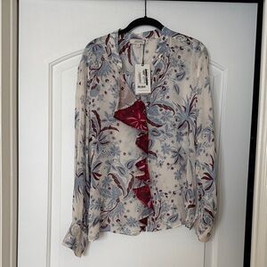 NWT Dorothee Schumacher Floral Ruffle Blouse - Cream and Red